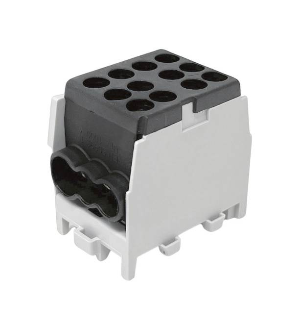 Ein grau-schwarzes Elektrosteckverbinder-Block mit mehreren Anschlussports, das für sichere elektrische Verbindungen und Kabelmanagement verwendet wird.