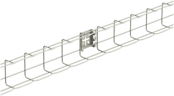 Ein Metallgitterkabel-Tablett mit zentraler Befestigungshalterung; geeignet zur Organisation und Unterstützung von Kabeln.