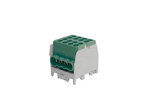 Ein grüner und weißer elektrischer Klemmblock mit mehreren Anschlüssen, der zum Sichern und Organisieren von elektrischen Drähten verwendet wird.