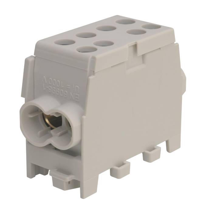 Ein weißer, rechteckiger Elektroklemmblock mit mehreren Anschllusspunkten oben und seitlichen Schlitzen für den Kabeleintritt. Wird in Verdrahtungssystemen verwendet.