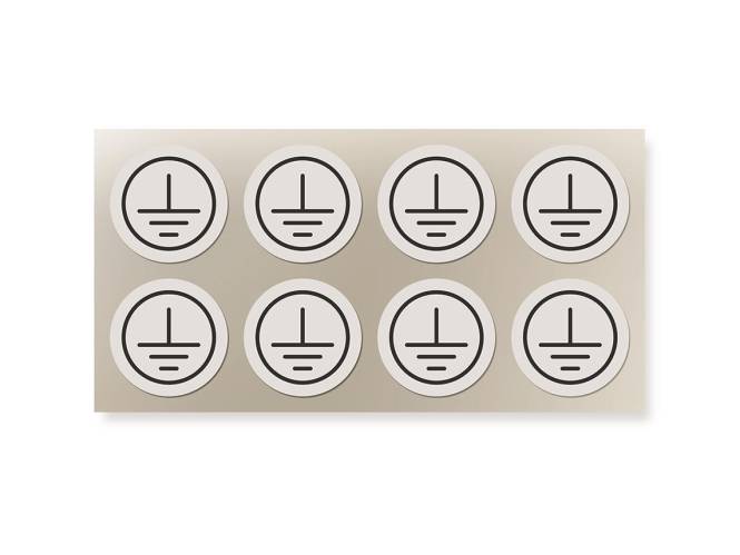 Acht identische kreisförmige Symbole mit einem elektrischen Erdungssymbol auf einem Rasterlayout, angeordnet in zwei Reihen mit je vier Symbolen.