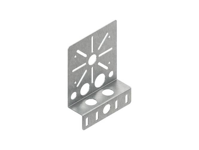 Eine Metallhalterung mit mehreren kreisförmigen und ovalen Ausschnitten, die für strukturelle Unterstützung und vielseitige Installation konzipiert ist.