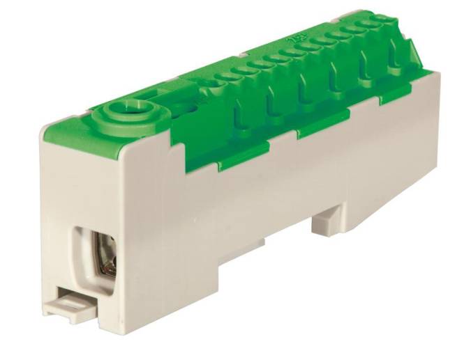 Grünes und weißes Elektroklemmenblock mit mehreren Anschlussplätzen; wird zum Befestigen und Organisieren von Elektrokabeln verwendet.