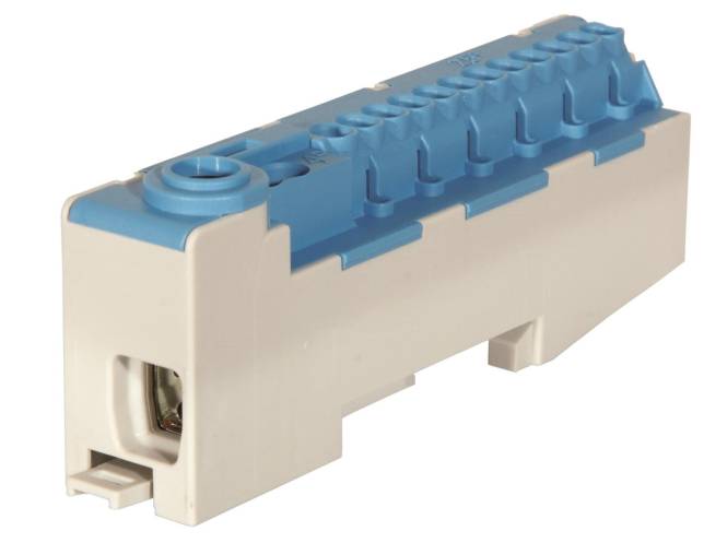 Rechteckiger blau-weißer Kunststoff-Elektrostecker mit mehreren Schlitzen, konzipiert für Drahtverbindungen in Schaltkreisen.