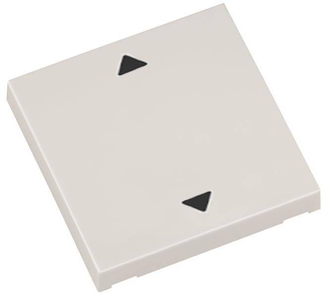 Ein quadratisches, weißes Schaltflächenpanel mit zwei schwarzen dreieckigen Schaltflächen, eine nach oben zeigend und eine nach unten zeigend.