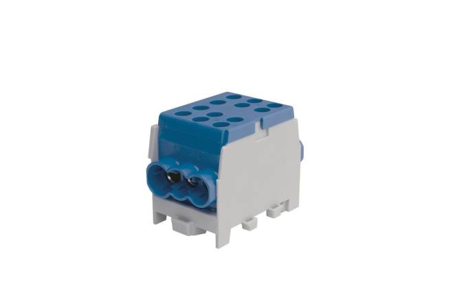 Ein modularer Electrical-Anschlussblock mit blauer Oberseite und grauem Sockel, mit mehreren Anschlussöffnungen und konstruiert für sichere Drahtverbindungen.