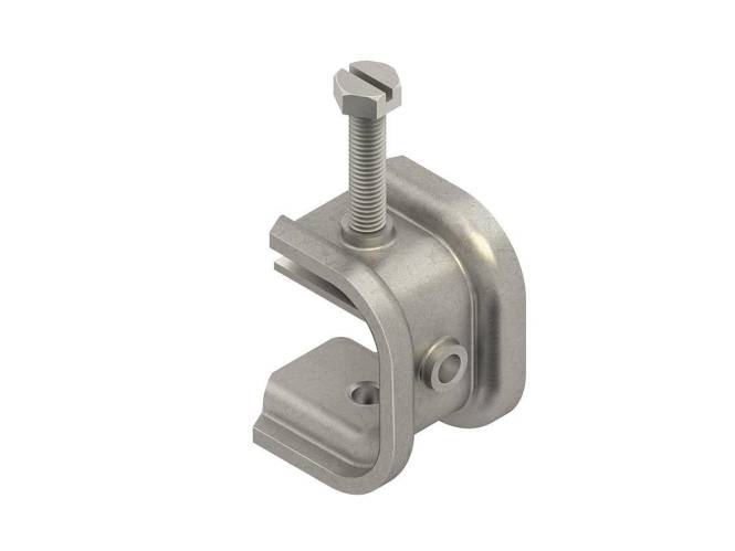 Metallklammer mit sechskantiger Schraube, verwendet zum Befestigen von Materialien zusammen, aus silberfarben Metall.