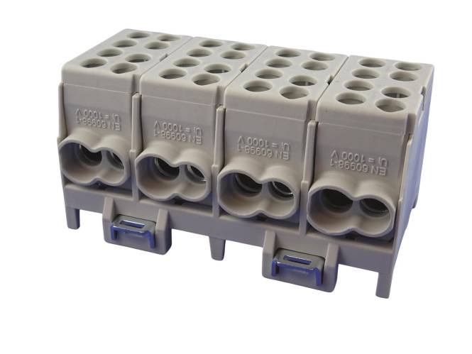 Ein vierpoliges elektrisches Klemmenblock mit mehreren Drahteinführungspunkten, das für sichere elektrische Verbindungen in verschiedenen Anwendungen verwendet wird.