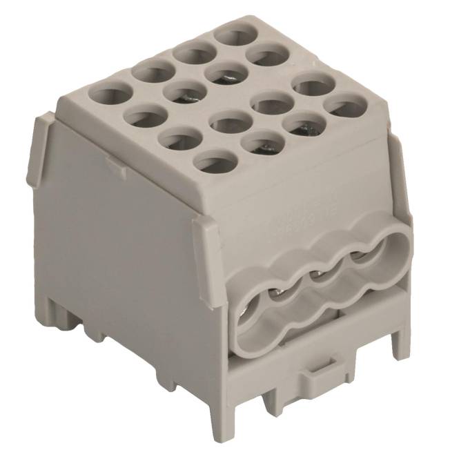 Ein grauer, mehrlöchriger Kunststoff-Elektrostecker mit blockartiger Form, der für mehrere Drahtverbindungen ausgelegt ist.