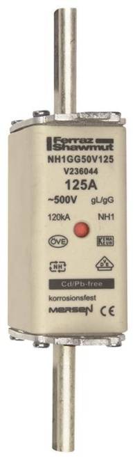 Eine weiße elektrische Sicherung mit der Aufschrift „V236044, 125A, ~500V, 120kA