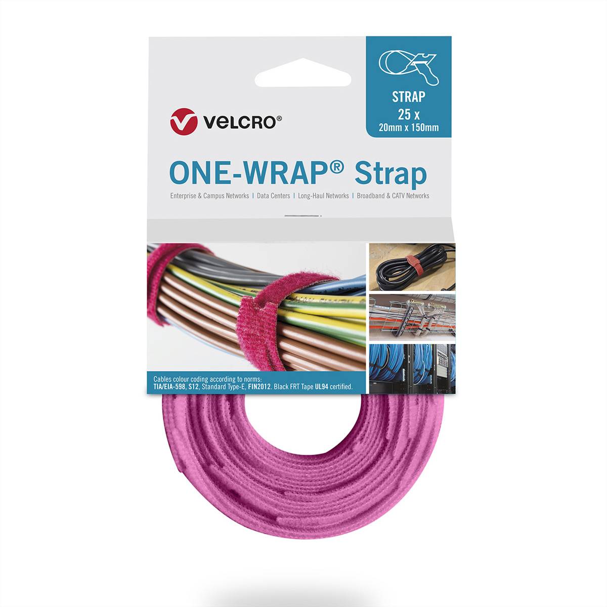 VELCROÂ® One WrapÂ® Strap 20mm x 330mm, 25 Stück, rosa Klettbänder / Kabelbinder Klettband