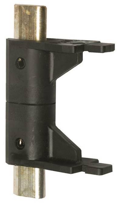 Ein schwarzes Scharnier mit zwei sichtbaren Befestigungslöchern, das zum Befestigen an einer vertikalen Fläche ausgelegt ist.