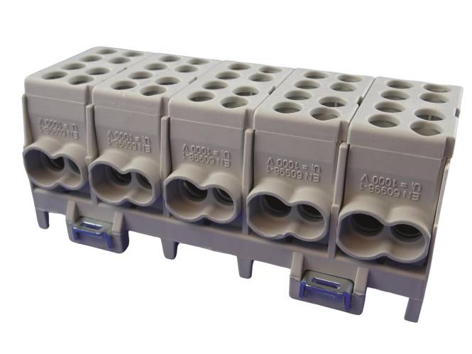 Ein modularer elektrischer Klemmblock mit mehreren Anschlußpunkten, der zur Ordnung von Leitungen in elektrischen Schaltschränken und Schaltkreisen verwendet wird.