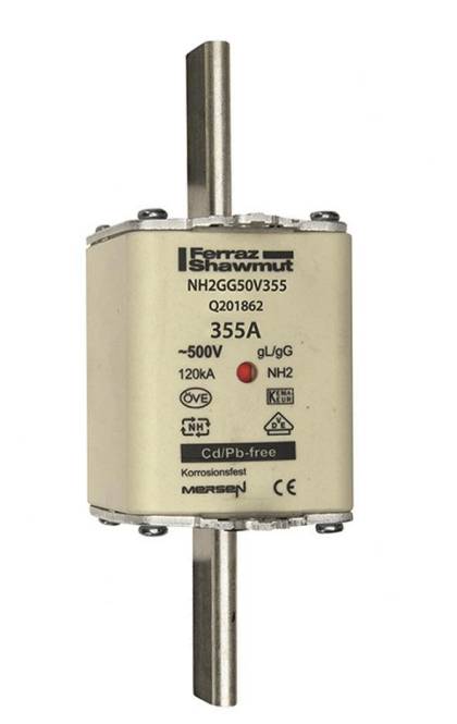 Ferraz Shawmut NH2GG50V355 Sicherung 355A 500V, Modell Q201862, gekennzeichnet als Cd/Pb-frei, mit mehreren Zertifizierungsmarken.