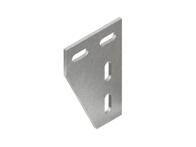 Eine Metallhalterung mit zwei horizontalen Schlitzen oben und zwei vertikalen Schlitzen darunter, die zu Montage- oder Stützungszwecken verwendet wird.