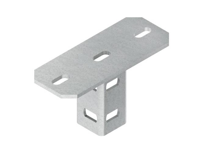 Ein Metallwinkel mit drei länglichen Löchern auf dem flachen Bereich und einer perforierten vertikalen Strebe, verwendet für strukturelle Verbindungen.