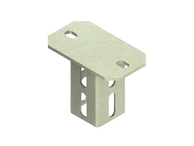 Eine Metallhalterung mit einer flachen Oberseite, die zwei ovale Löcher aufweist, befestigt an einer vertikalen perforierten Stütze. Wird für Konstruktion oder Montage verwendet.