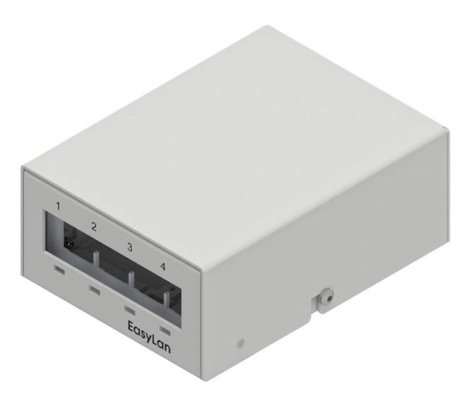 Eine weiße EasyLan Vier-Port-Oberflächenmontage-Box für organisierte Ethernet-Kabelverbindungen.