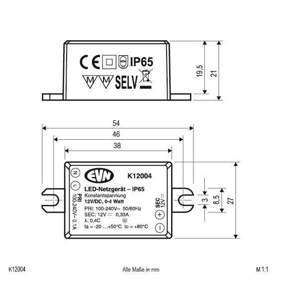EVN LED-Netzgerät 12V DC 0-4W K12004 IP65 f.Schalterdosen 55x27x21mm Techn.Licht/Wohnraum
