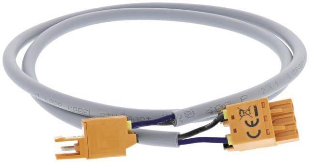 Zwei grau umwickelte Kabel mit gelben Steckverbindern an einem Ende, miteinander verflochten.