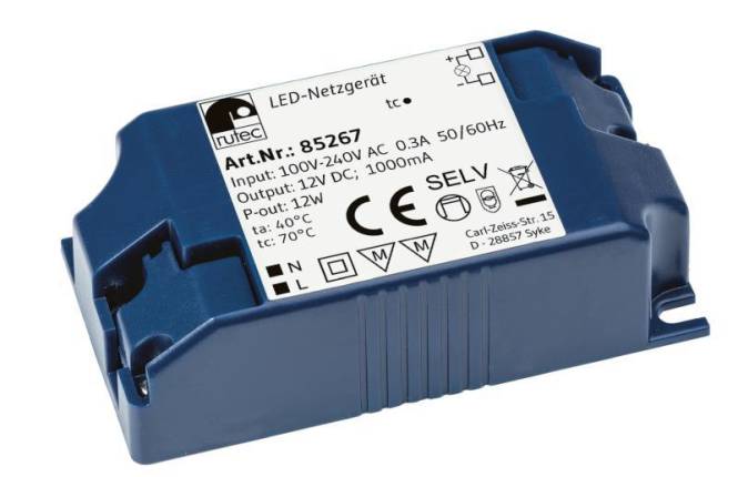 RUTEC LED Netzgerät 12V 12W IP20 85267 100-240V AC Schraubanschluss 86x45x26mm Techn.Licht/Wohnraum