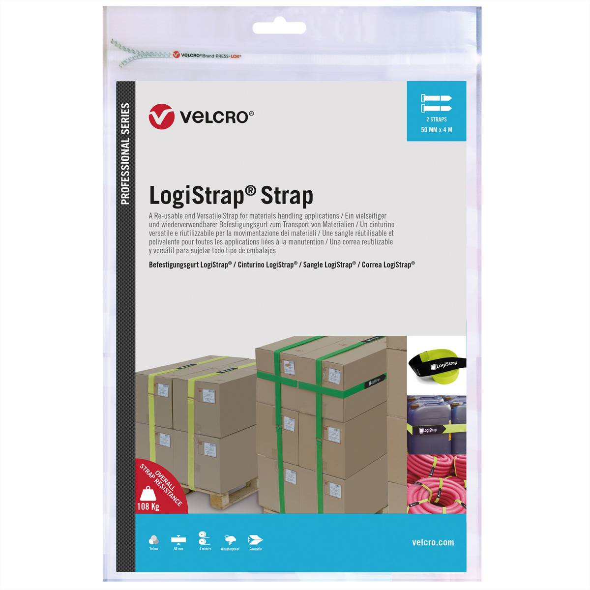 VELCROÂ® LogistrapÂ® Strap 50mm x 4m Streifen 2 Stück, gelb Klettbänder / Kabelbinder Klettband