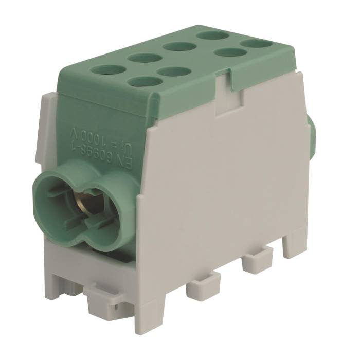 Ein grünes und graues elektrisches Klemmblock mit mehreren Schlitzen und einem Stecker, das zum sicheren Verbinden von elektrischen Drähten verwendet wird.