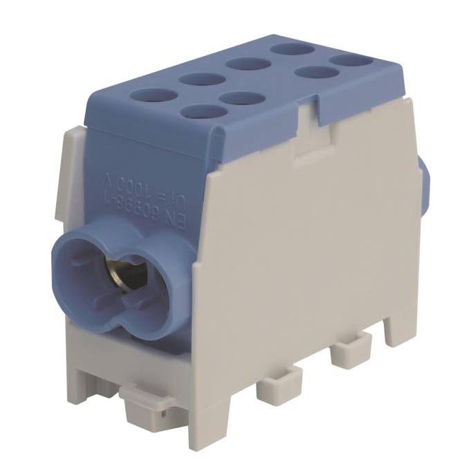 Ein blau-graues Klemmleistenblock mit mehreren Anschlußpunkten, das zum Sichern und Beenden von Drähten in einem Stromkreis verwendet wird.