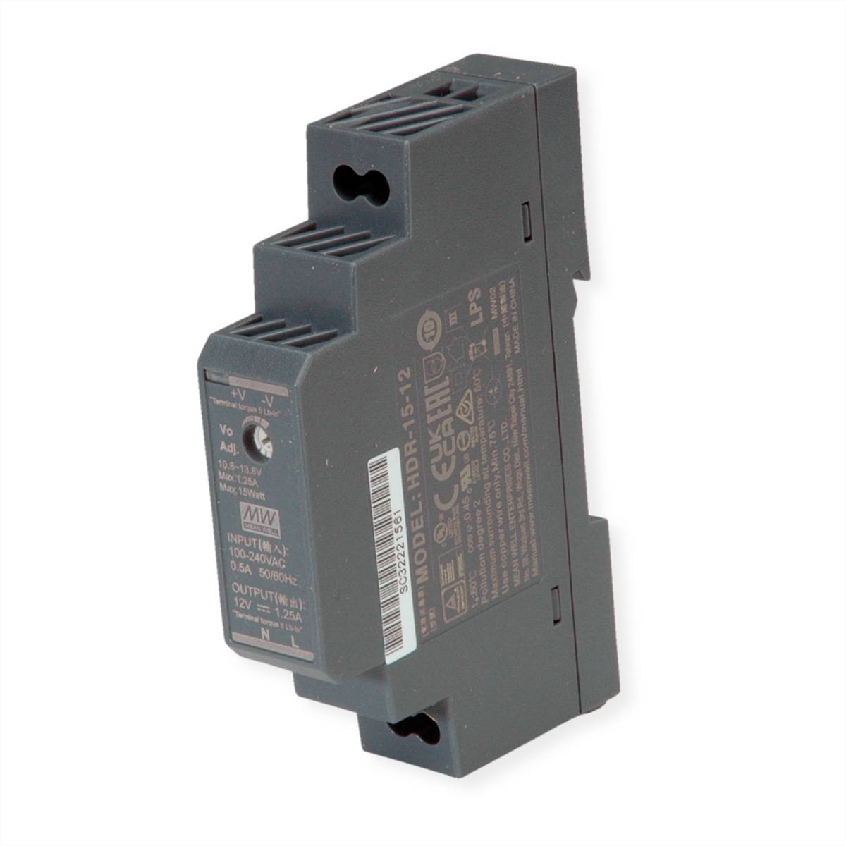 MEAN WELL HDR-15-12 Hutschienennetzteil 15W 12V DC, anthrazit Spannungswandler Industrial Networking