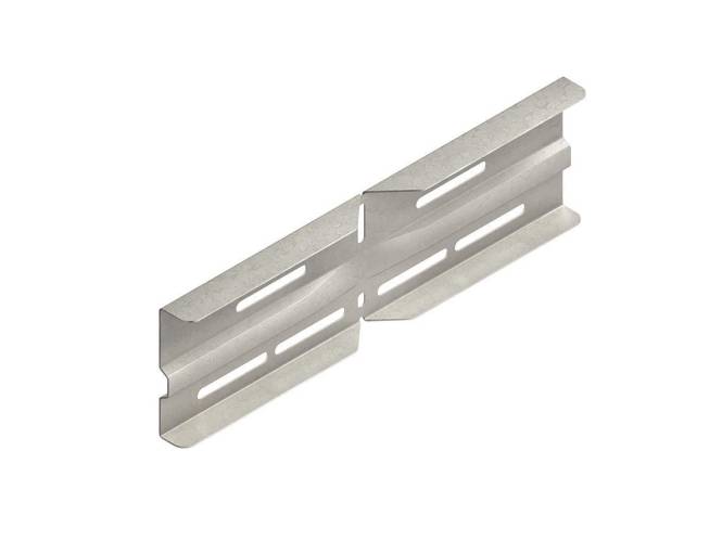 Eine Metallverbindungsplatte mit mehreren Schlitzen und Kerben, entworfen zum Verbinden und Befestigen von Materialien in Bau- oder Montageprojekten.