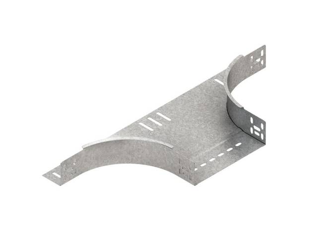 Ein grauer Metall-Kabelrinnen-Winkel mit einer 90-Grad-Biegung, entwickelt zum Verlegen von Kabeln um Ecken, weist Perforierungen für die Belüftung auf.