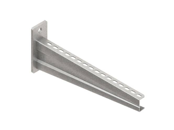 Eine Metallwandhalterung mit durchlöcherter dreieckiger Form, die zum Stützen von Regalen oder anderen Strukturen vorgesehen ist und ein Befestigungsloch aufweist.