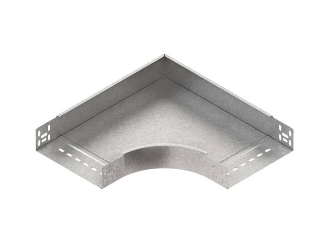 Ein grauer, 90-Grad-Kabelträgerbogen aus Stahlblech, der zur Organisierung und Unterstützung von Elektrokabeln in industriellen Umgebungen verwendet wird.