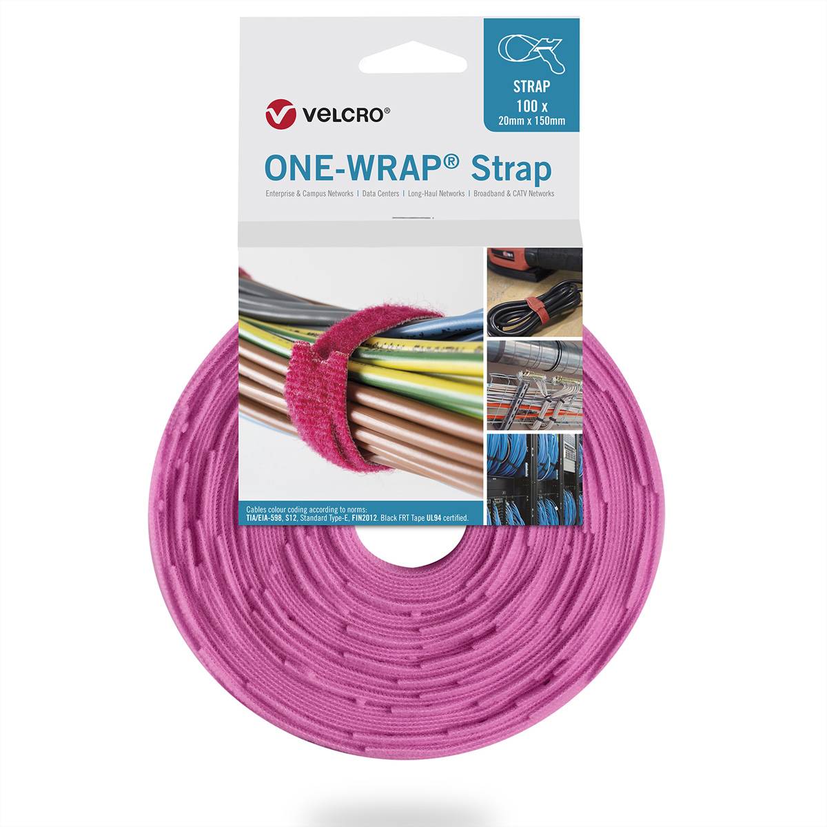 VELCROÂ® One WrapÂ® Strap 13mm x 200mm, 100 Stück, rosa Klettbänder / Kabelbinder Klettband