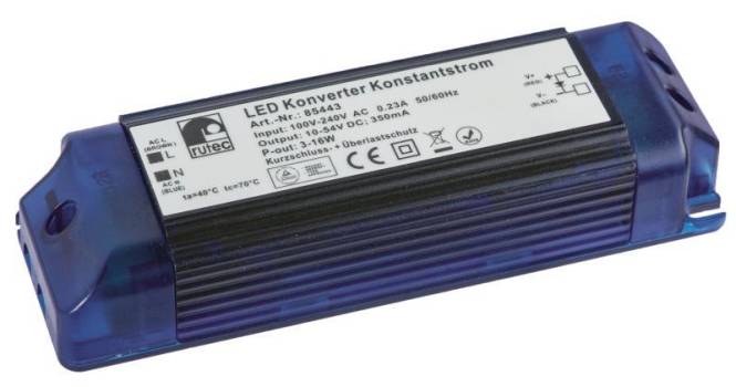 RUTEC LED Konverter 350mA 3-16W 85443 ** PFC ACTIV Blindstromkomp. 141x45x26mm Techn.Licht/Wohnraum