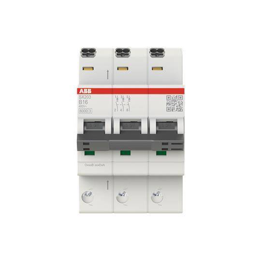 Ein dreipoliger ABB-Leitungsschutzschalter, Modell SX203 B16, ausgelegt für elektrischen Schutz.