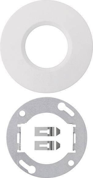 Eine runde weiße Deckenrosette und eine Metallmontageklammer, die üblicherweise zur Befestigung von Leuchten an der Decke verwendet werden.