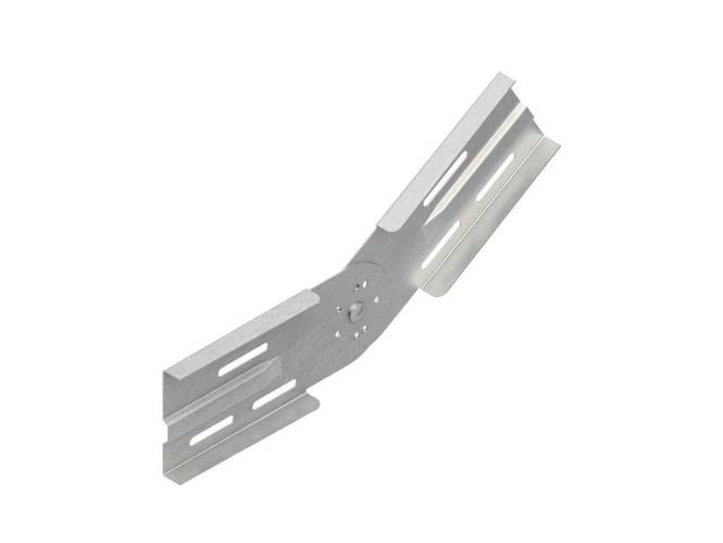 Eine metallische Winkelbefestigung mit Schlitzlöchern, die zur strukturellen Abstützung oder zur Befestigung verschiedener Komponenten in Bau- oder Montageaufgaben verwendet wird.