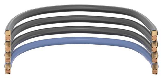 Vier gebogene Linien, die parallel angeordnet sind, drei in Schwarz und eine in Blau, auf weißem Hintergrund.