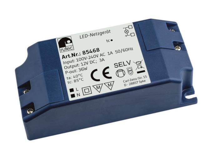 Rutec LED Netzgerät 12V 36W IP20 85468 100-240V AC Druckklemmenanschluss Techn.Licht/Wohnraum