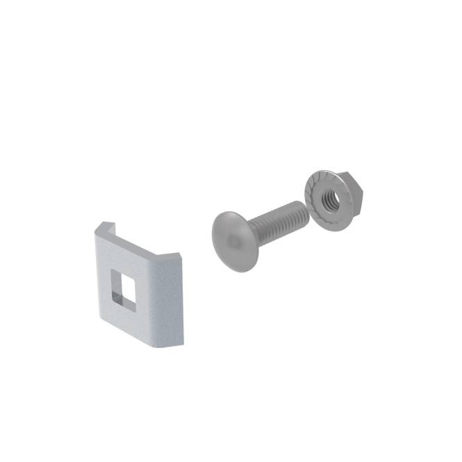 Eine silberne Schraube, eine Mutter und eine quadratische Halterung mit einem Loch werden angezeigt. Die Teile sind so positioniert, als würden sie zur Montage bereitstehen.