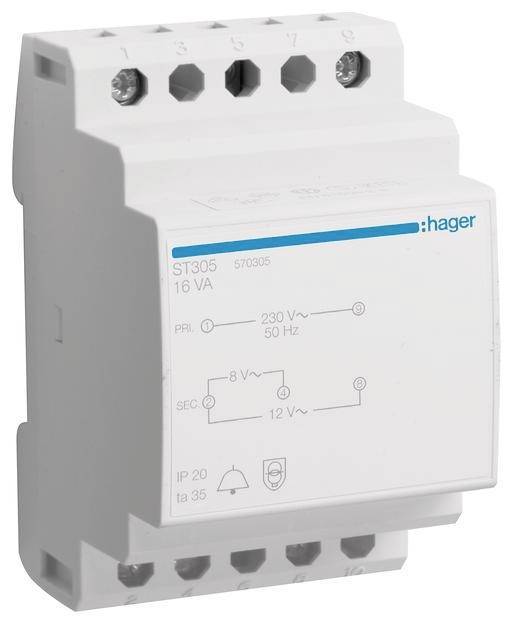 Hager Klingeltrafo 230V/8V u.12V ST305 16VA 3PLE Install.Baumaterial ZÃ¤hlerschr./Verteilg