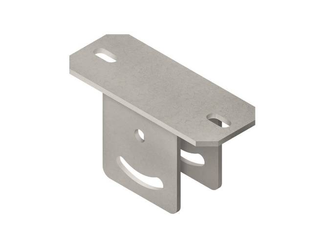 Eine rechteckige Metallhalterung mit zwei Löchern oben und einem gekrümmten Schlitz an der Seite, die zum Montieren oder Befestigen von Beschlägen verwendet wird.