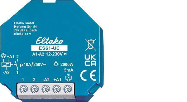 Ein blauer elektrischer Relais mit Beschriftungen: 'Eltako S61-UC', Spannungsspezifikationen '8-230V' und Symbolen einschließlich Recycling, UKCA, CE.