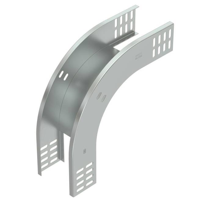 Ein metallisches Kabelkanal-Winkelstück mit Perforationen wird gezeigt. Es ist in einem 90-Grad-Winkel gekrümmt und wurde entwickelt, um Kabel sanft um Ecken zu führen.