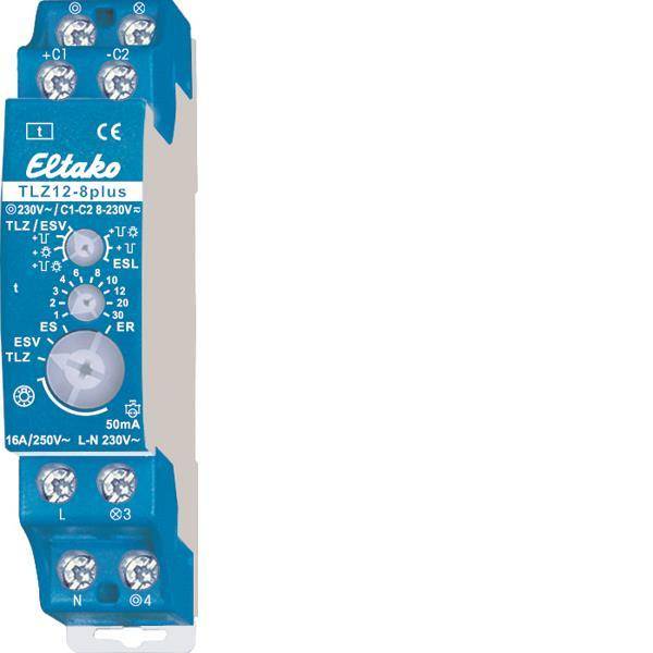 Ein blaues elektronisches Relaisgerät mit der Bezeichnung „Eltako TLZ12-8plus
