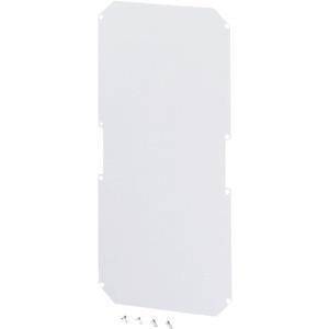 Weiße Elektroverteilerdose mit leicht abgerundeten Kanten, einschließlich vier kleiner Schrauben am unteren Ende zur Befestigung.