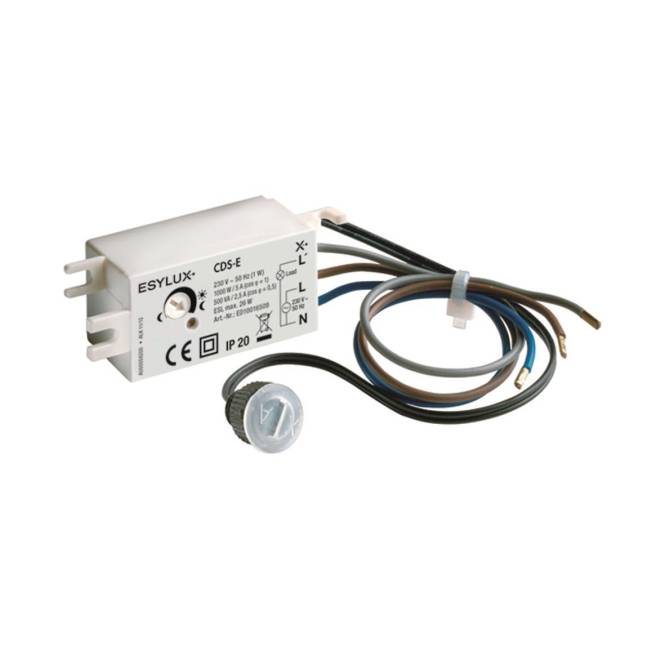 Ein weißer Esylux CDS-E Sensor-Schalter mit angebrachten Drähten, der elektrische Spezifikationen zeigt, geeignet für elektronische Installationen im Innenbereich.