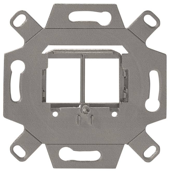Eine an der Wand montierte Metallhalterung für Elektroboxen mit mehreren Aussparungen, entwickelt zum Befestigen und Tragen von Elektrosteckdosen oder Schaltern.