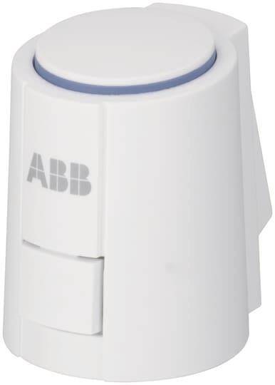 Weiße zylindrische ABB-Vorrichtung, möglicherweise ein Schalter oder Knopf, mit glatter Oberfläche und blauer Akzentlinie oben.